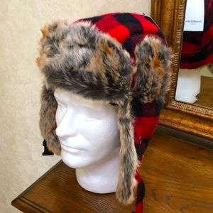 New * Winter Trapper Hat.  One size.  Faux fur and red/black plaid pattern.